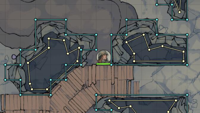 wall editing mode view of invisible and standard walls defining an area around some large rock pillars