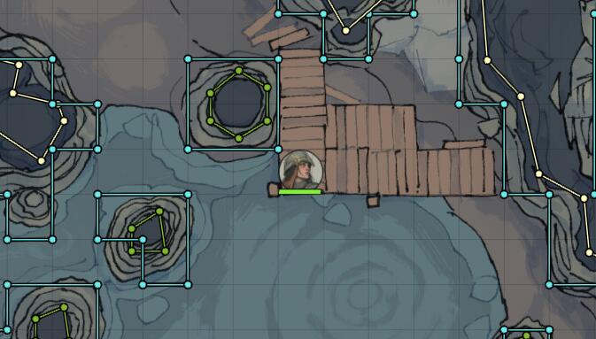 wall editing mode view of invisible, standard, and terrain walls defining an area with some smaller rock pillars in the water